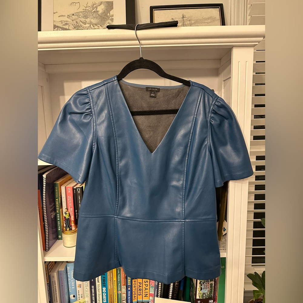Ann Taylor  Sky Blue Faux Leather Blouse